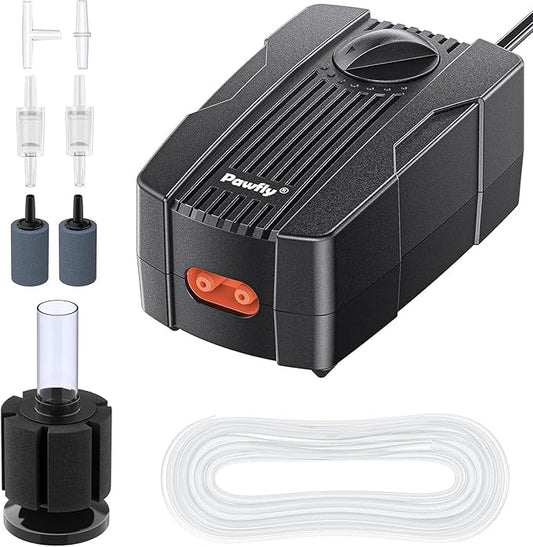 Pawfly 50 GPH Aquarium Air Pump for 10-60 Gallon Fish Tanks Dual Outlet Adjustable Ultra Quiet Aerator Pump with Airline Tubing, Air Stones Connectors, Check Valves and Nano Bio Sponge Filter