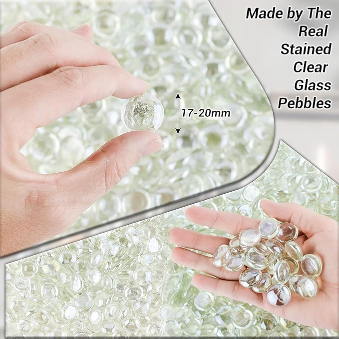 ARSUK Clear Flat Glass Pebbles, (5 LBS) Marbles for Vases, Glass Marbles, 400 Pcs Vase Fillers, Table Scatter for Weddings, Aquarium Stones, Candle Holders, Crafts, Glass Beads for Vases, (0.7-0.8")