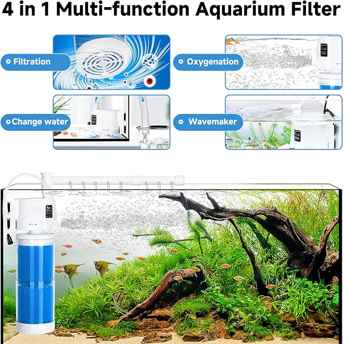 AQQA Submersible Aquarium Filter Whisper Fish Tank Filters Adjustable Internal Power Filter for 50-100 Gallon Water Filtration/Circulation/Oxygenation (15W，260GPH)