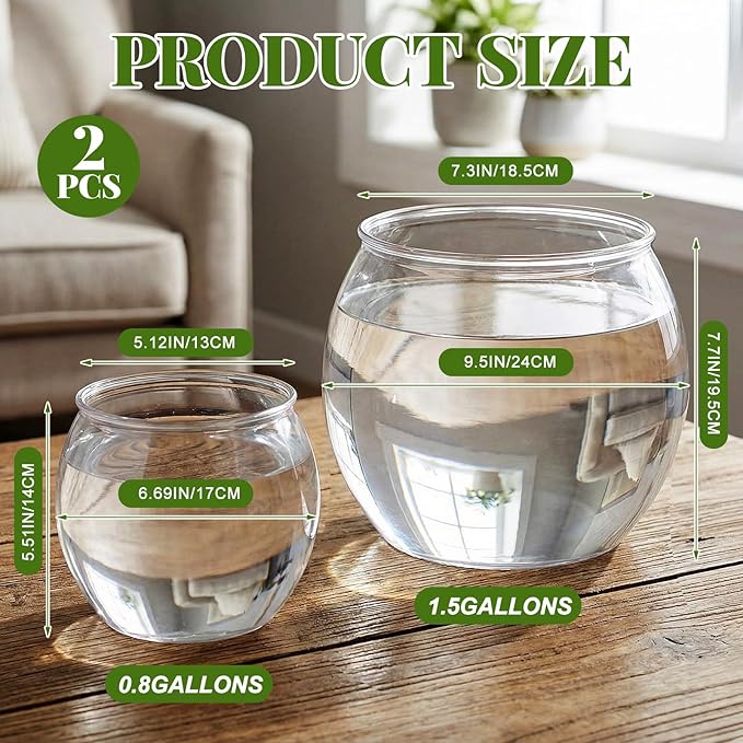 Geelin 2 Pcs 1.5 Gallon + 0.8 Gallon Plastic Fish Tank Large Bowl Shatterproof with Crystal Clear Clarity for Terrarium, Flower Vase Centerpiece Gift for Fish Lovers