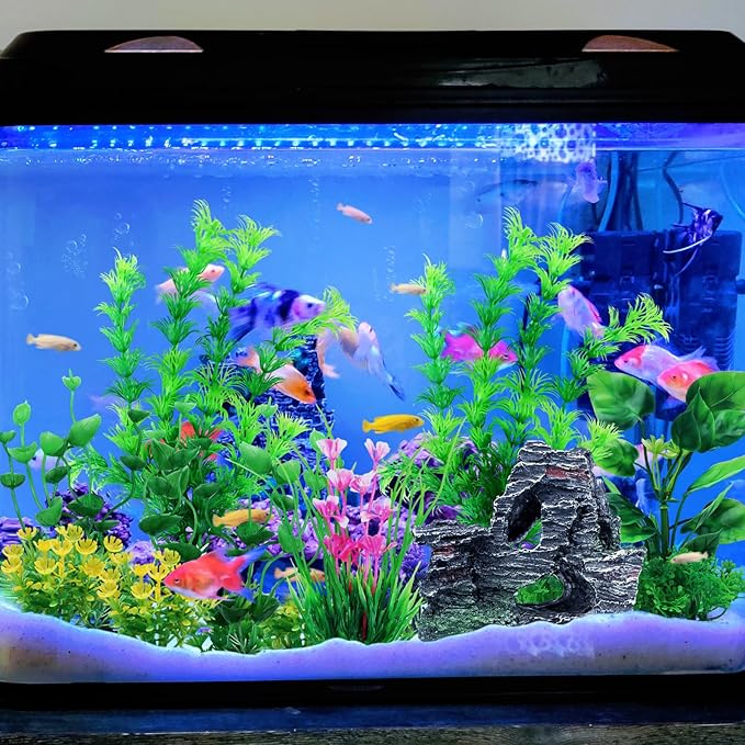 QUOZUO Fish Tank Accessories Artificial Plants, 9pcs Green Aquarium Decorations Plants and Cave Rock Decor Set, Aquarium Decor Plastic Plants