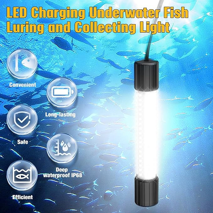 Underwater Fishing Light White LED Compatible with Dewalt 20V 60V Battery Lure Bait Light Submersible Night Boat Waterproof IP68 in Freshwater and Saltwater with 16.4FT