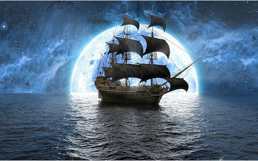 Ocean Sailboat Seascape Aquarium Background Cloudy Blue Night Sky Moon Fish Tank Background Pirate Ship Tranquil Misty Foggy Sea Scenery Terrarium Backgrounds for Tank Backgrounds Decors 48x24in