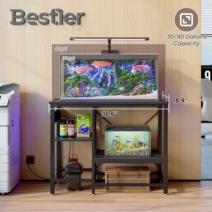 Bestier 40-50 Gallon Fish Tank Stand with Power Outlet, 36x19 Metal Aquarium Stand with Filter Storage, 6-Leg Reptile Tank Stand with 3-Tier Adjustable Storage Shelves, 660LBS Capacity, Black Oak