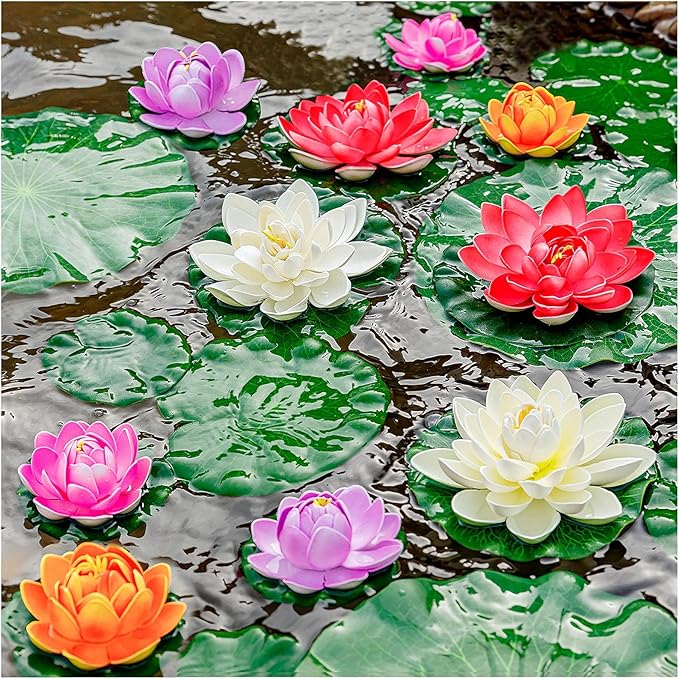 Artificial Floating Foam Lotus Flower with Water Lily Pad, Realistic Ornanment Perfect for Home Outdoor Patio Pond Aquarium Wedding Party Decorations, 10PCS