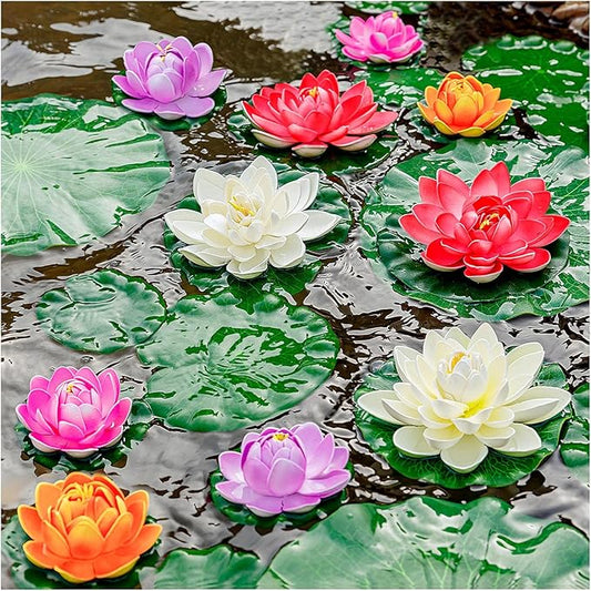 Artificial Floating Foam Lotus Flower with Water Lily Pad, Realistic Ornanment Perfect for Home Outdoor Patio Pond Aquarium Wedding Party Decorations, 10PCS