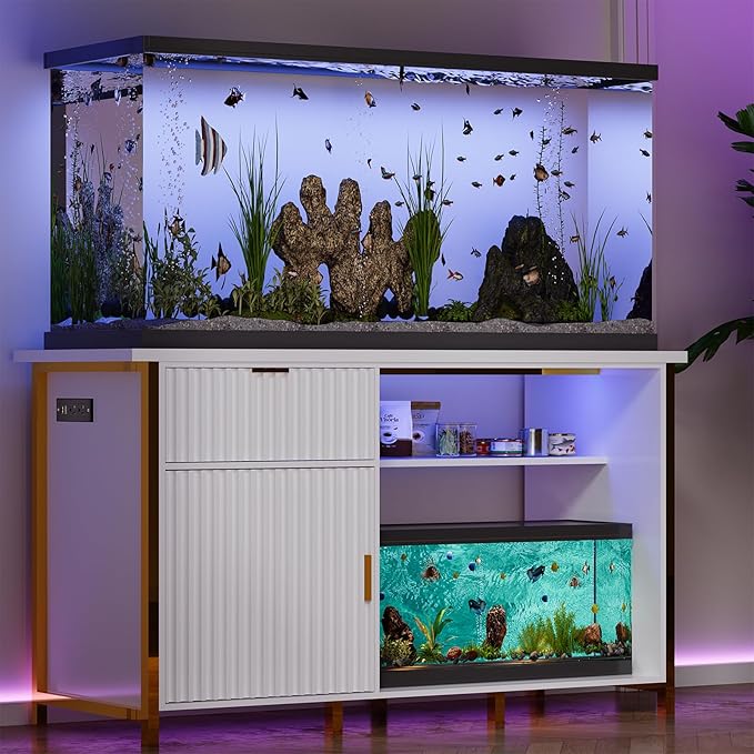 55-75 Gallon Fish Tank Stand with Power Outlets, LED Light, Vertical Lines, Heavy Duty Aquarium Stand with Cabinet for Fish Tank Accessories Storage, Turtle Tank, Reptile Terrarium, 1100LBS, White