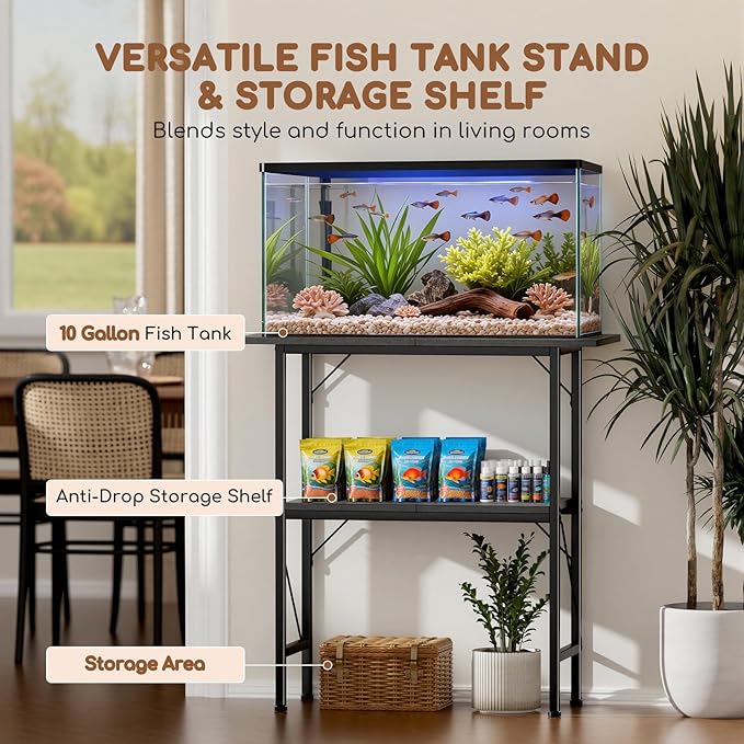 20-29-30 Gallon Fish Tank Stand with Storage Shelves, 2-Tier Aquarium Stand with Metal Frame, Heavy Duty Reptile Turtle Tank Stand for Home Office, 30" L x 11.8" W x 30.5" H, Black
