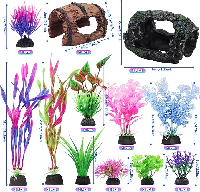 QUOZUO 16 Pcs Aquarium Artificial Plastic Plants Decorations and Broken Barrels Set, Colorful Fish Tank Accessories Hideout Ornaments Aquarium Decor Set