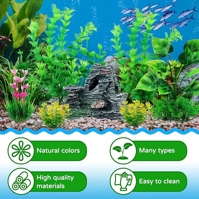QUOZUO Fish Tank Accessories Artificial Plants, 9pcs Green Aquarium Decorations Plants and Cave Rock Decor Set, Aquarium Decor Plastic Plants