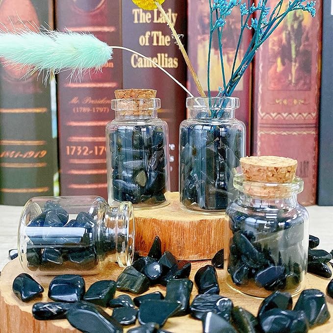QINJIEJIE 400G Black Obsidian Crystal Polished Rocks 0.3-0.4" Tumbled Stones Chips Stone Crushed Quartz Natural Gem Home Decoration Aquarium Plants Cacti Vase Filler Landscape Bottom Ornament 0.9lb