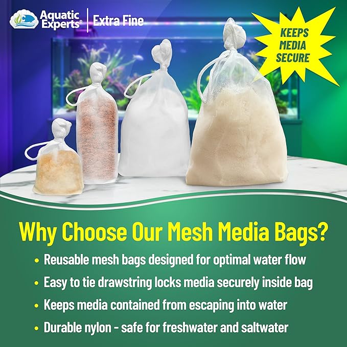 Aquatic Experts Extra Fine Aquarium Media Bag, Durable Drawstring Bags for Fish Tank Filters, 150 Micron Mesh (Extra Fine, 3"x 8" - 4 Pack)