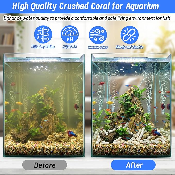 1.32lb/600g Crushed Coral for Freshwater Aquarium, Natural Fish Tank Coral Stone with Mesh Bag, Aquarium Bio Filter Media Bag Reusable Aquarium Filter to Stabilize Water and Raise PH