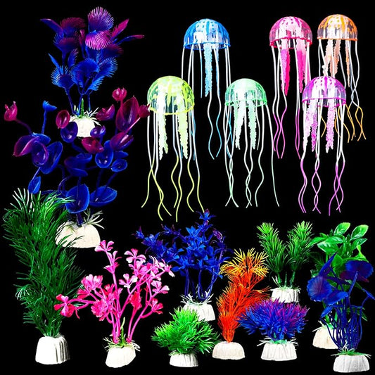 Yinder 17 Pcs Fish Tank Decorations, Include 11 Aquatic Plants and 6 Artificial Jellyfish, Colorful Fish Tank Plastic Plants Accessories for Aquarium Household and Office