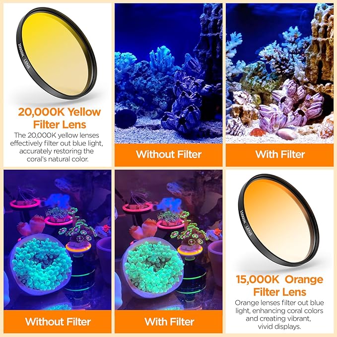 52MM Coral Reef and Reef Tank Filter Kit for Phone, CPL Polarizing+20,000k Yellow+15,000k Orange+10x Macro, Clip, Saltwater Aquarium Lens Compatible with iPhone16 15 Pro Max Samsung Moto Google TCL
