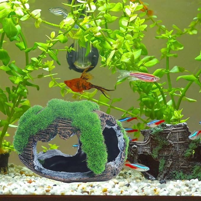 RUIAN Broken Barrel Fish Hide Cave - Resin Aquarium Ornament Decor with Holes for Betta, Shrimp, Cichlids to Hide, Play and Breed - Green Fish Tank Accessories Decorations