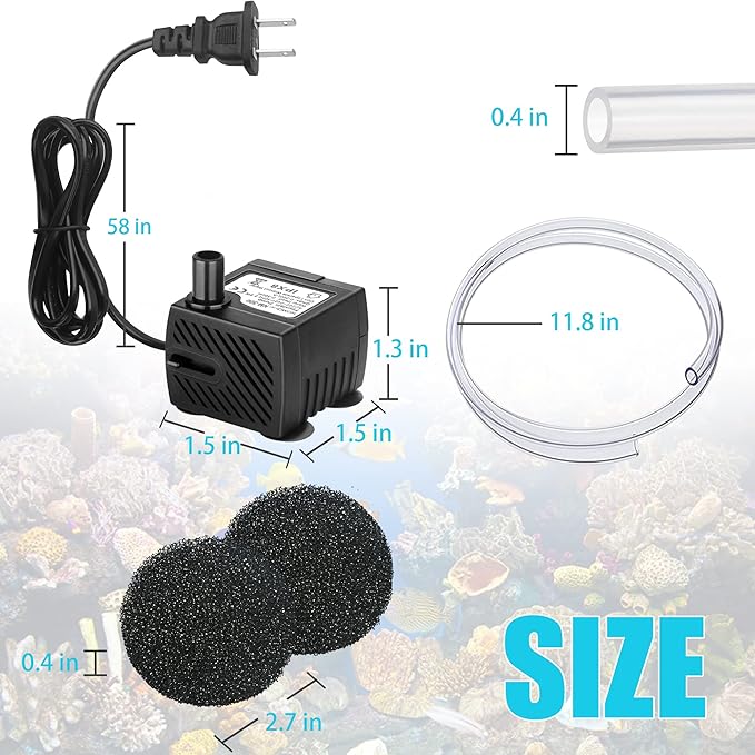 Submersible Pump 53GPH(200L/H) Fountain Pump Accessories kit, The Machine Parts of Neptonion Reptile Water Feeder, Includes 2.5W Aquarium Pump, 2 Carbon Foam and a Water Pipe