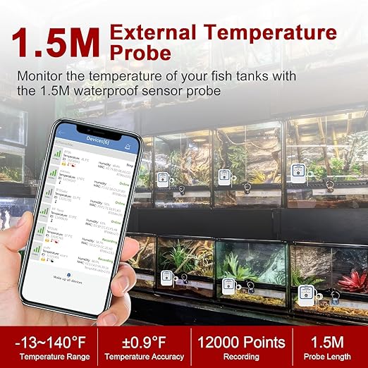 Aquarium Thermometer, Aprvtio TE-B2 ET Smart Fish Tank Thermometer, Refrigerator Temperature Data Logger with Free App Monitor Alert, Free Data Export, Temperature Data Logger for Greenhouse Reptile