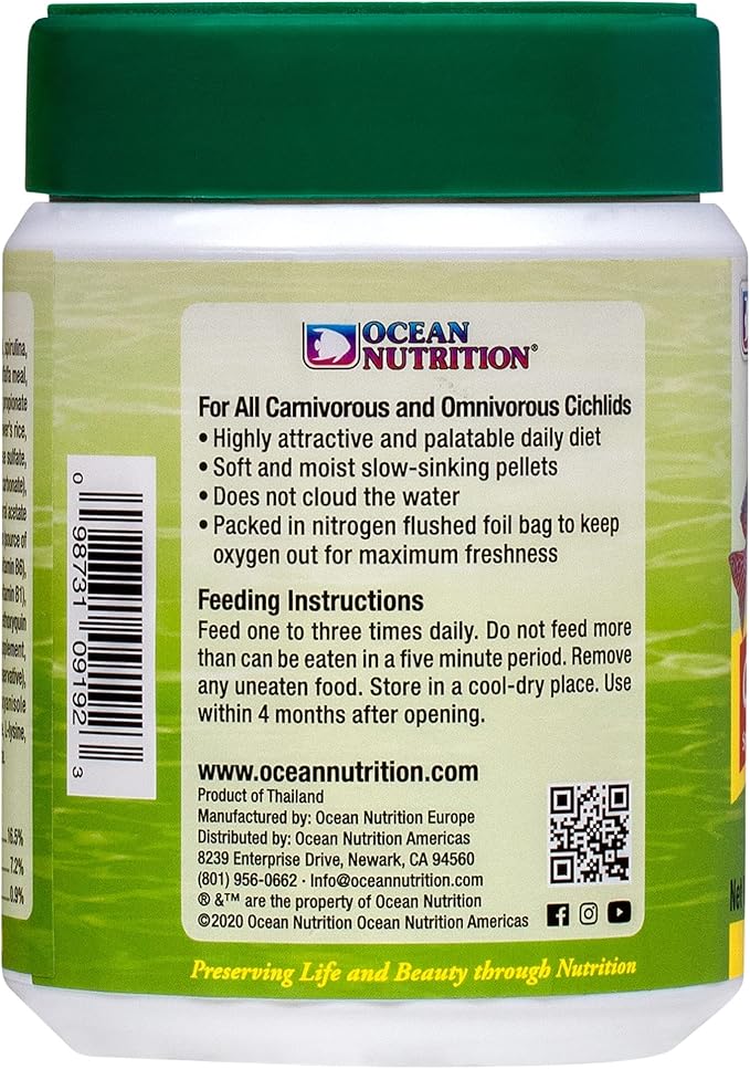 Ocean Nutrition Fish Food Cichlid Pellets, High Protein (40%) Soft Moist Sinking Pellets for Omnivorous Predatory Fish - Enhances Color & Growth, 7 oz (200g), Small Pellet