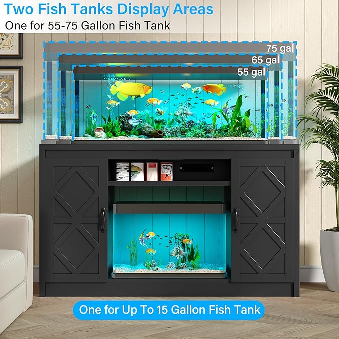 kepptory 55-75 Gallon Fish Tank Stand with Diamond Doors & Power Outlet, Heavy Duty Aquarium Stand with Cabinet Storage for Fish Tank, Turtle Tank, Reptile Terrarium (Black)