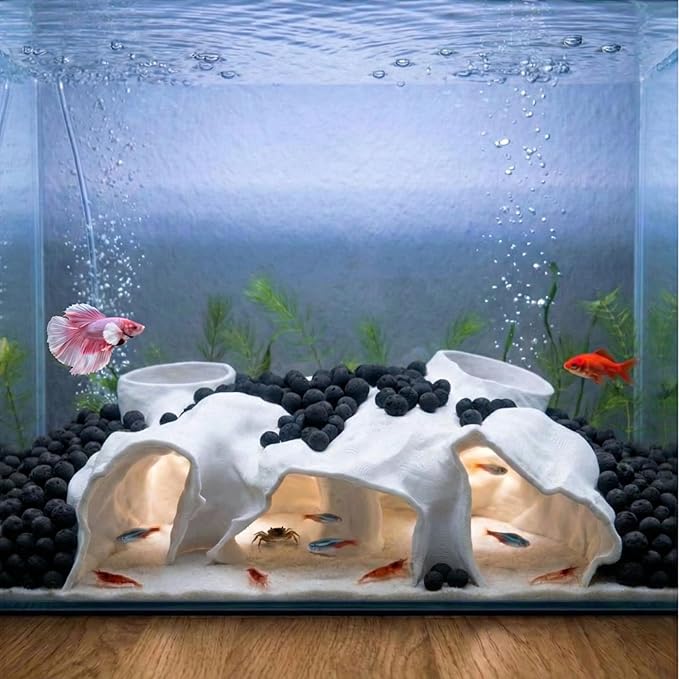 Large Aquarium Tunnel & Cave (9.5" L), 3D Printed Substrate Viewer Fish Hideout with Wide Top Entrances, Tank Decor for Small Fish, Corydoras, Betta & Shrimp - Set with 3 Mini Accessories (White)