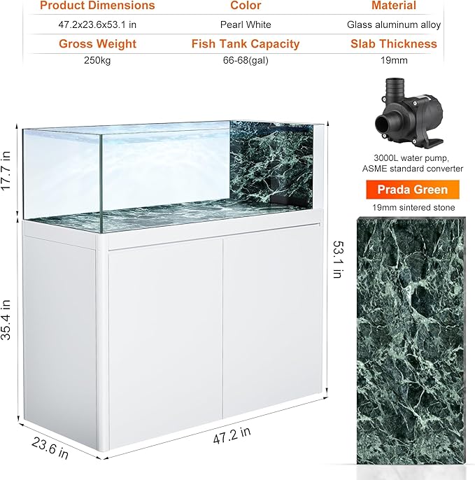 55 Gallon Glass Fish Tank, Pearl White Fish Tank All in one Aquarium, Green Marble Rock Slab Base, Large Fish Tank Composed of Glass and Aluminum Alloy