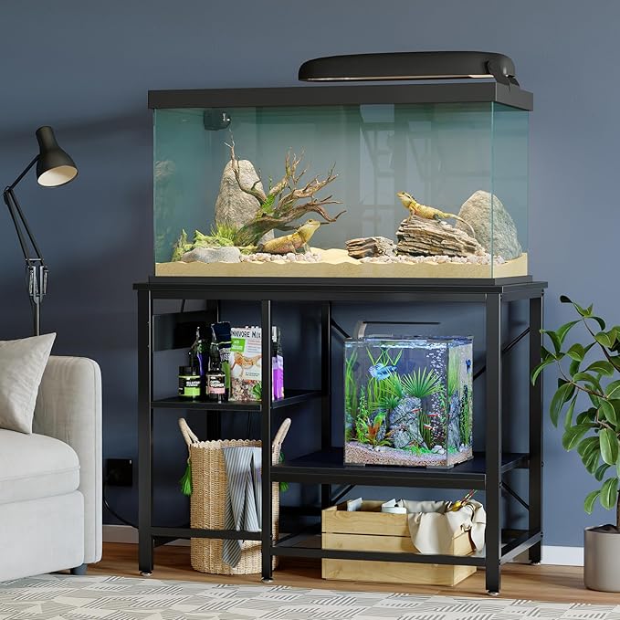 Bestier 40-50 Gallon Fish Tank Stand with Power Outlet, 36x19 Metal Aquarium Stand with Filter Storage, 6-Leg Reptile Tank Stand with 3-Tier Adjustable Storage Shelves, 660LBS Capacity, Black Oak
