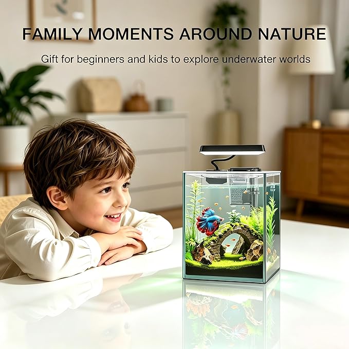 Ultra White Glass Betta Aquarium Starter Kits 1.5 Gallon Small Fish Tank, Betta Fish Tank with LED Light, Power Filter, 4mm Glass