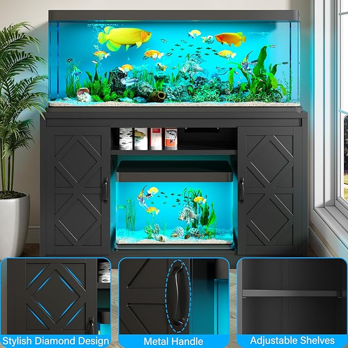 kepptory 55-75 Gallon Fish Tank Stand with Diamond Doors & Power Outlet, Heavy Duty Aquarium Stand with Cabinet Storage for Fish Tank, Turtle Tank, Reptile Terrarium (Black)