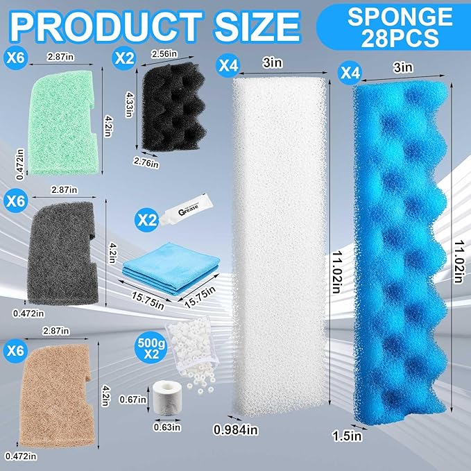 Threlaco 32 Pcs Filter Media Compatible with 406/407 Filters, Aquarium Replacement Maintenance Kit Including Biological Sponge, Ammonia/Phosphate/Nitrite Remover Pad, Aquarium Towel, Grease