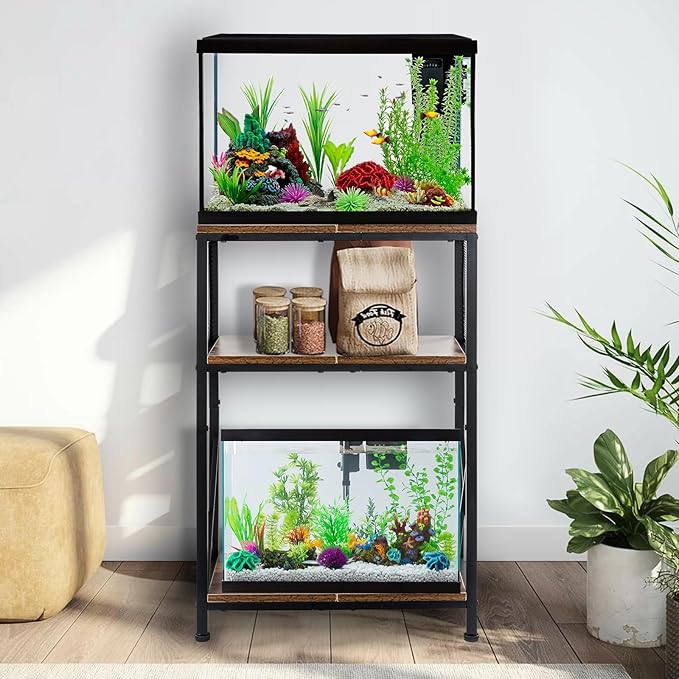 SwaaVee 10 Gallon Fish Tank Stand, Heavy-Duty 3-Tier Metal Storage Cabinet, Rustic Brown Aquarium Stand for Fish, Turtle & Reptile Terrariums (Rustic Brown)