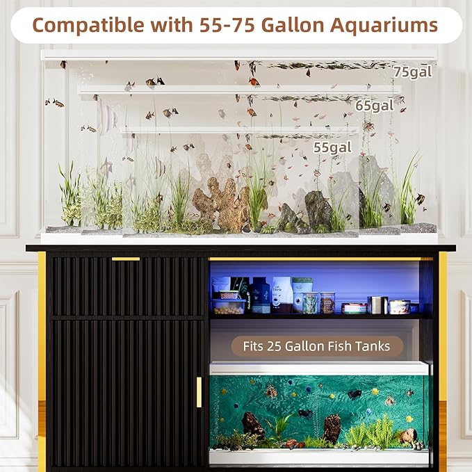 55-75 Gallon Fish Tank Stand with Power Outlets, LED Light, Vertical Lines, Heavy Duty Aquarium Stand with Cabinet for Fish Tank Accessories Storage, Turtle Tank, Reptile Terrarium (Black and Gold)