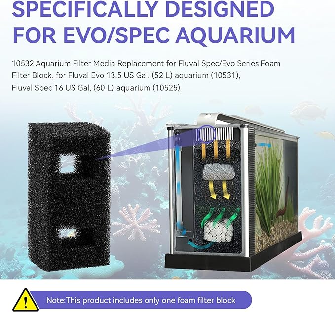10532 Aquarium Filter Media Replacement for Fluval Spec/Evo Series Foam Filter Block, for Evo 13.5 US Gal. (52 L) Aquarium (10531), Spec 16 US Gal, (60 L) Aquarium (10525)