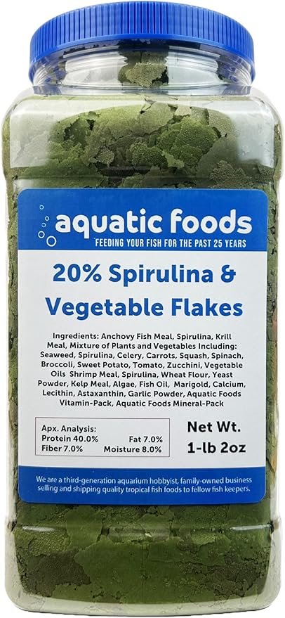 Vegetable & 20% Spirulina Plus Enhanced Premium Flakes for African Cichlids, Herbivores, AF…1-lb 2oz Lg Jar