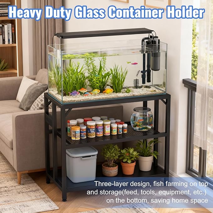 40 Gallon Fish Tank Stand with Power Outlets and Adjustable Shelf, 660LBS Capacity Metal Aquarium Stand for Turtle Tank, Reptile Terrarium and Breeder Tank, Suitable for Home Office, Black