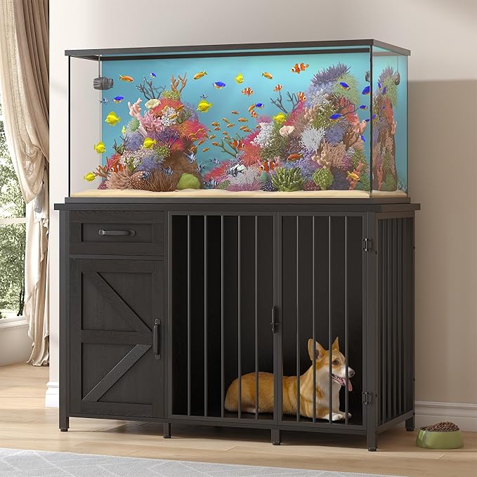 kepptory 55-75 Gallon Fish Tank Stand with Dog Crate, Multifunctional Aquarium Stand with Cabinet and Power Outlets for Larger Aquariums and Versatile Use (Black)