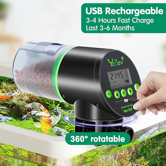 Ycozy Automatic Fish Feeder Rechargeable with USB Cable Moisture-Proof Intelligent Electric Fish/Turtle Feeder for Aquarium & Fish Tank (Rechargeable EVS)