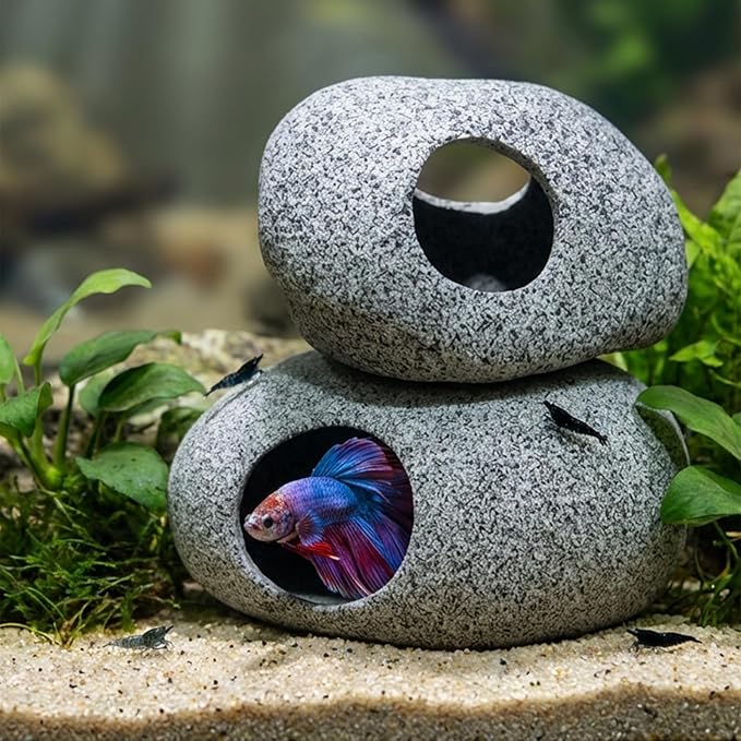 Aquarium Cave Decor - 2 PCS Natural Fish Tank Rocks for Betta Hideout and Shrimp Breeding, Hand-Polished Smooth Edges, PH Neutral, Ideal for 5-20 Gallon Tanks, Aquascaping Stone Ornaments