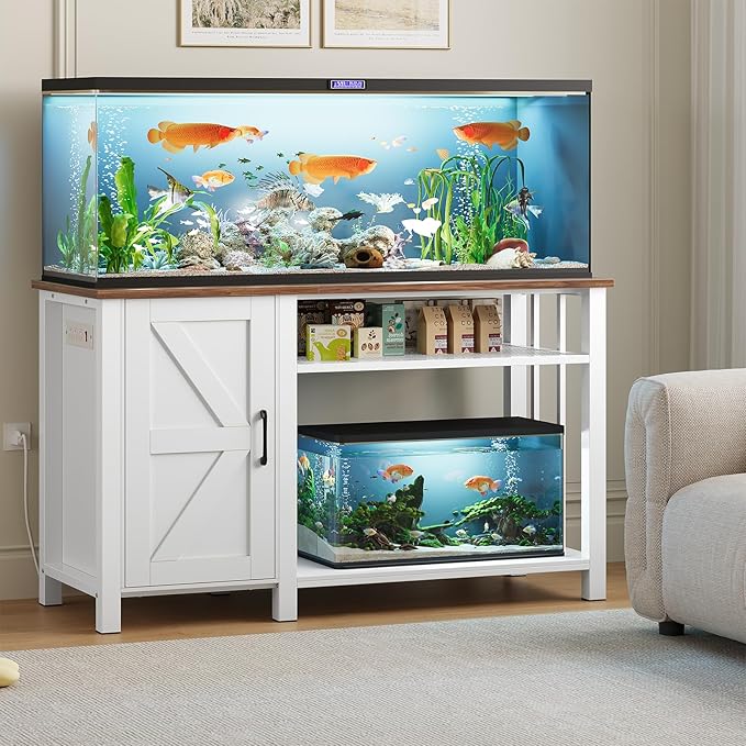 OtterOasis 55-75 Gallon Fish Tank Stand with Power Outlet & Adjustable Shelf, Heavy Duty Aquarium Stand with Cabinet Storage for Fish Tank, Turtle Tank, Reptile Terrarium, 1000LBS Capacity, White