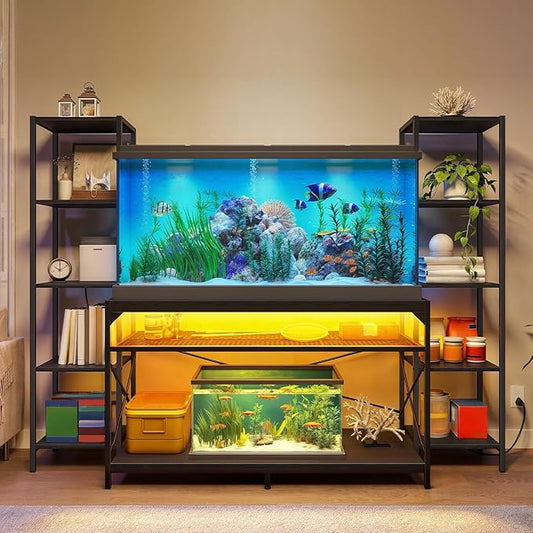 DWVO 55-75 Gallon Aquarium Stand with Power Outlets & LED Light, Display Stand for Turtle Tank, Reptile Terrarium, Heavy Duty Metal Fish Tank Stand Suitable for Living Room, Entryway, 860LBS Capacity