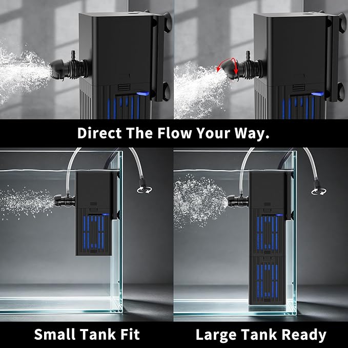 Aquarium Filter Water Flow Adjustable for 20-75 Gallon Fish Turtle Tank 264GPH 4in1 Biochemical Filtration Powerful Submersible Internal Pumps & Filters Keep Freshwater Saltwater Crystal Clear Small