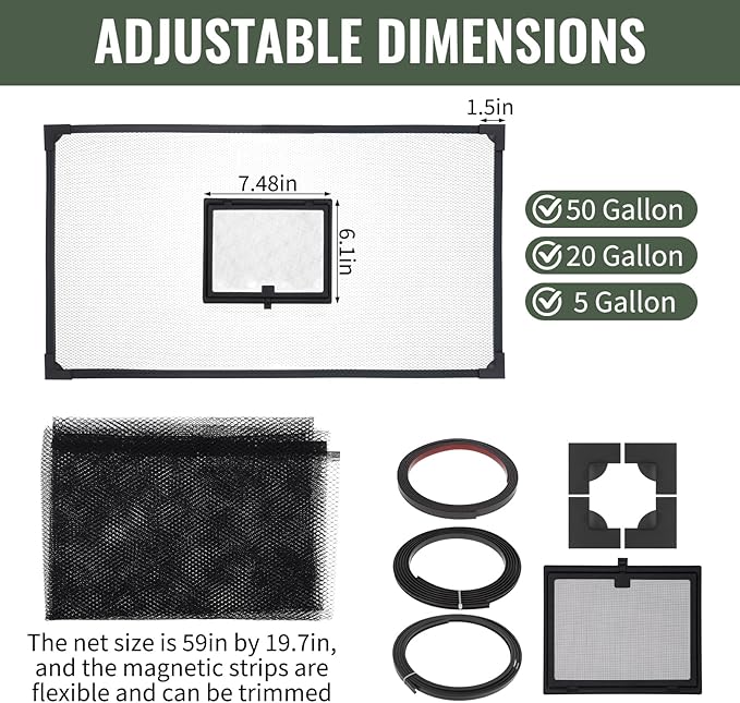 Magnetic Aquarium Cover Fish Tank Lid 59.1 x 19.7 Inch Fish Net Cover with Feeding Window Complete Accessories for Easy Installation and Anti-Jumping Protection for Fish and Reptiles