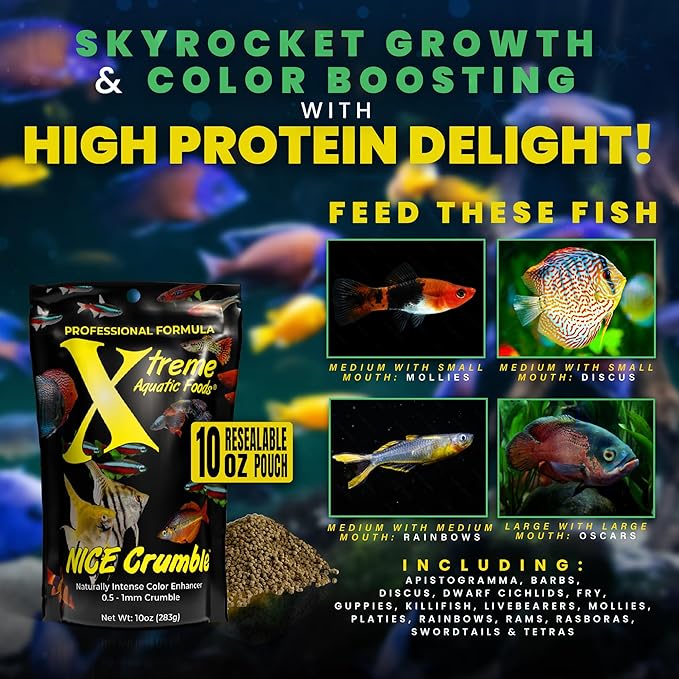 Xtreme Nice Crumbles - Color Enhancer for Small to Medium Fish - Max Protein Formula, Resealable Pouch, Ideal Supplementary Fish Food - USA Farm Grown (10oz)