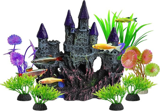 Aquarium Resin Castle Decor with 7 Pcs Artificial Plastic Plants, Fish Tank Decorations Accessories Set Landscaping Ornaments for Betta Guppies Shrimp Hideout Cave