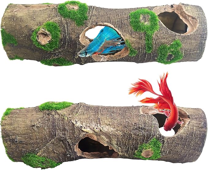 Hamiledyi 2 PCS Small Tree Trunk Aquarium Fish Tank Ornament, Betta Fish Hideout Caves, Resin Moss Tree Trunk Aquarium Decoration with Holes and Caves