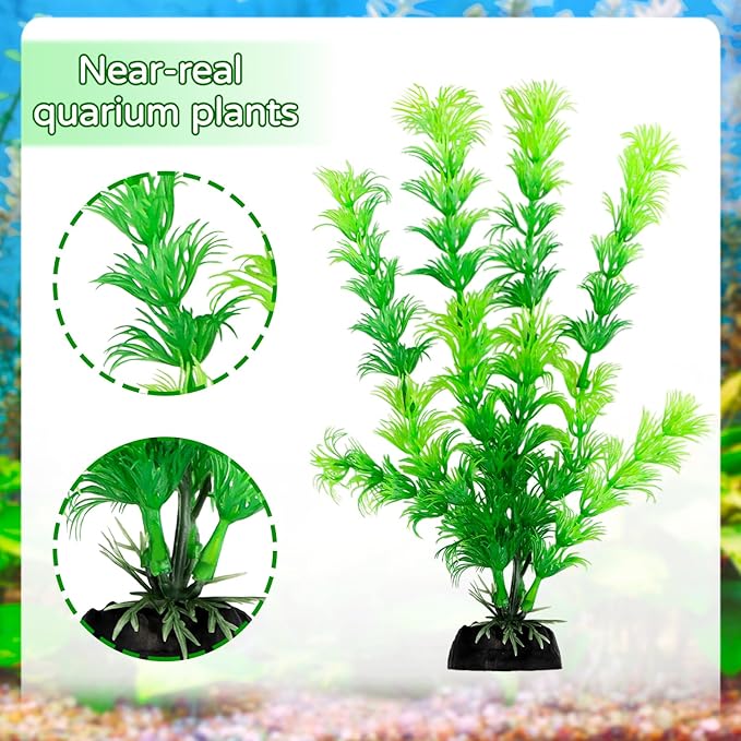 QUOZUO Fish Tank Accessories Artificial Plants, 9pcs Green Aquarium Decorations Plants and Cave Rock Decor Set, Aquarium Decor Plastic Plants