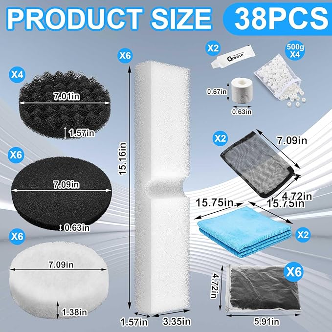 Threlaco 38 Pcs Compatible with Fluval Fx4/Fx5/Fx6, Aquarium Filter Media Kit, Carbon Foam Pad, Bio Sponge Pads, Activated Carbon, Foam Block, Water Polishing Pad, Media Bag, Silicone Lube