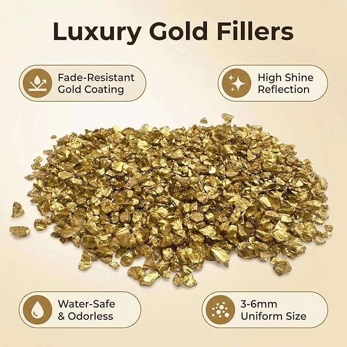 HappyFiller Golden Nuggets Crushed Glass for Resin Art,Small Gravels Stones for Aquarium Fish Tank Bottom Granule,Vase Filler Candle Holder Decor,Wedding Centerpieces Decoration,0.81 LB Gold