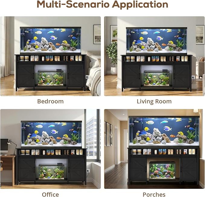 VOWNER 75-120 Gallon Fish Tank Stand with Power Outlet, Farmhouse Aquarium Stand with Storage Cabinet & Sliding Barn Doors, Heavy Duty Reptile Tank Stand, for 2 Tanks, 1000LBS Capacity, Black