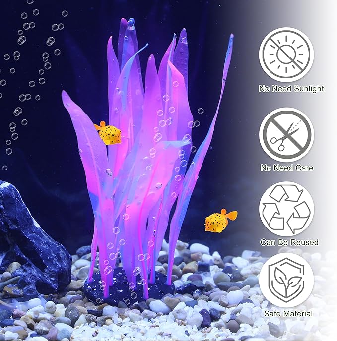 Aquarium Glowing Kelp Plant, Soft Silicone Glowing Fish Tank Decorations, Fluorescence Coral Decor for Aquarium Decor Pink 2pcs